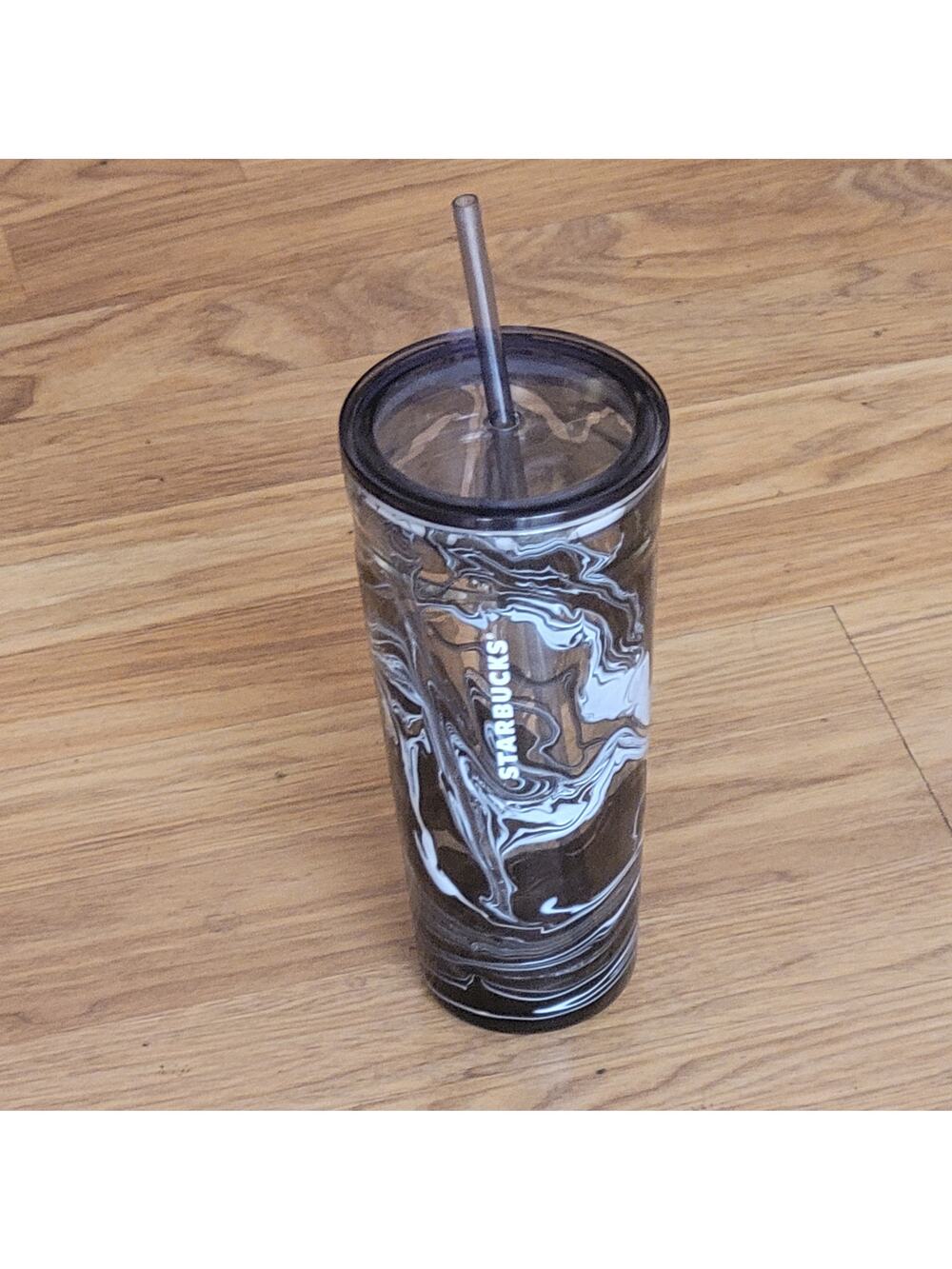 Starbucks 2017 Glass Marble Swirl 20oz Tumbler W Lid Venti Black White & straw